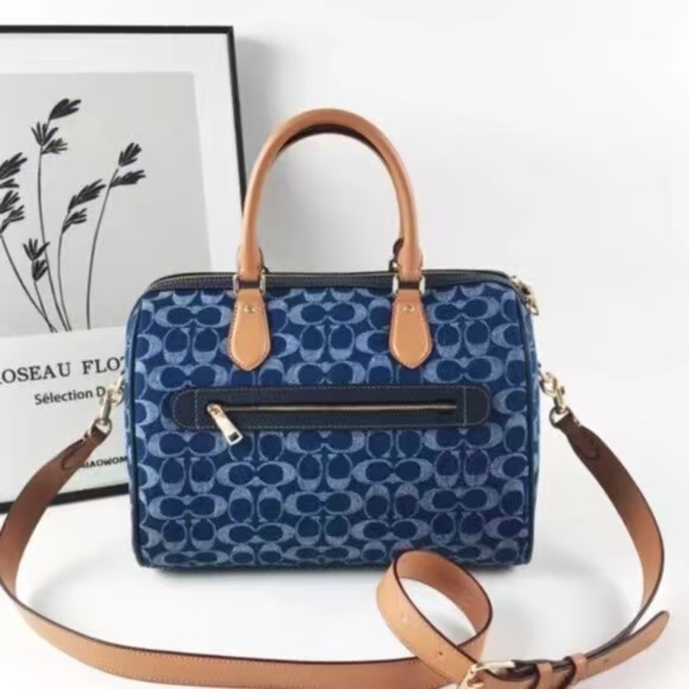 Coach Blue Signature Dome Satchel with Tan Leather Trim - Picture 3 of 11